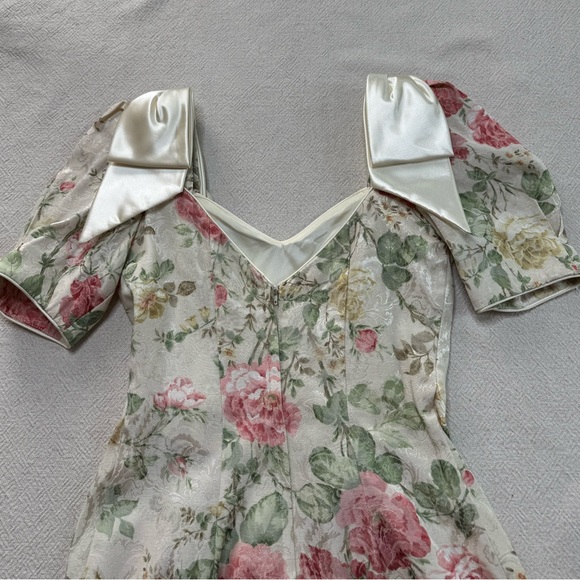 VTG 80s Midnight Glo Brocade Roses Puff Sleeve Bows Mini Dress S - Picture 6 of 9